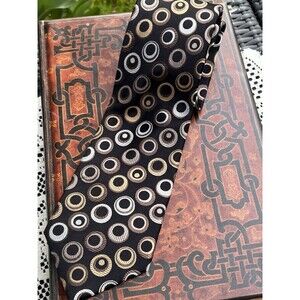 Y2K 100% Silk Men’s Tie Brown Black Geometric Circle Patt